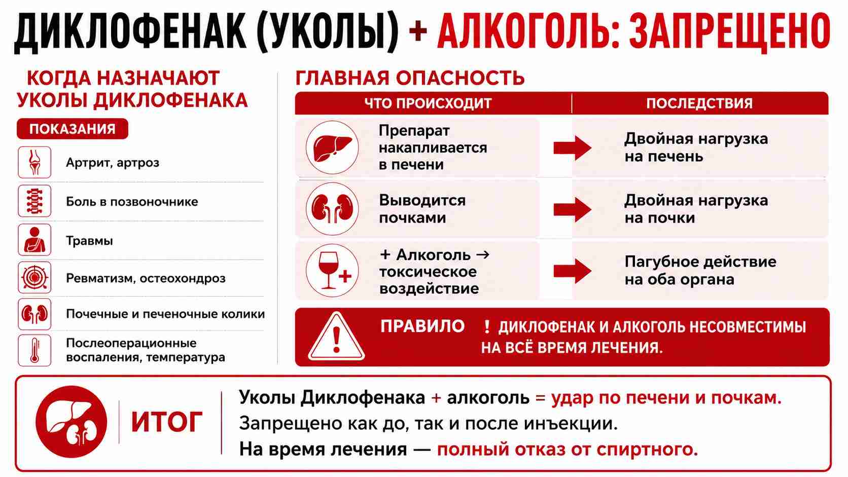 Инфографика о несовместимости инъекций Диклофенака и алкоголя