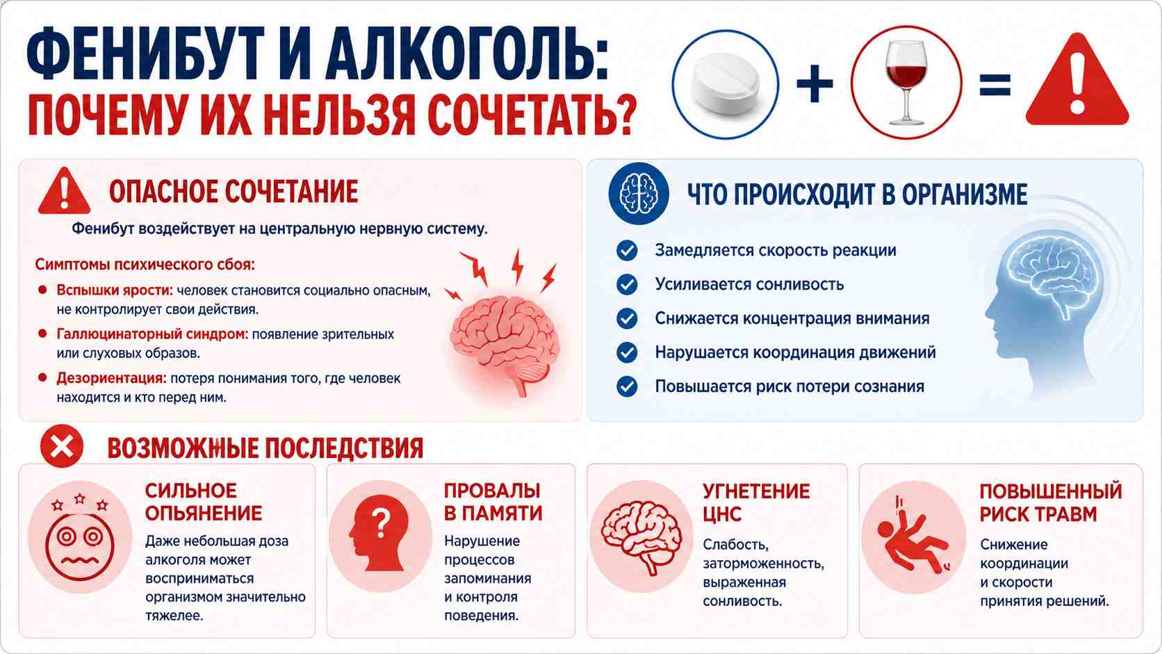Инфографика о сочетании фенибута и алкоголя и почему их нельзя совмещать