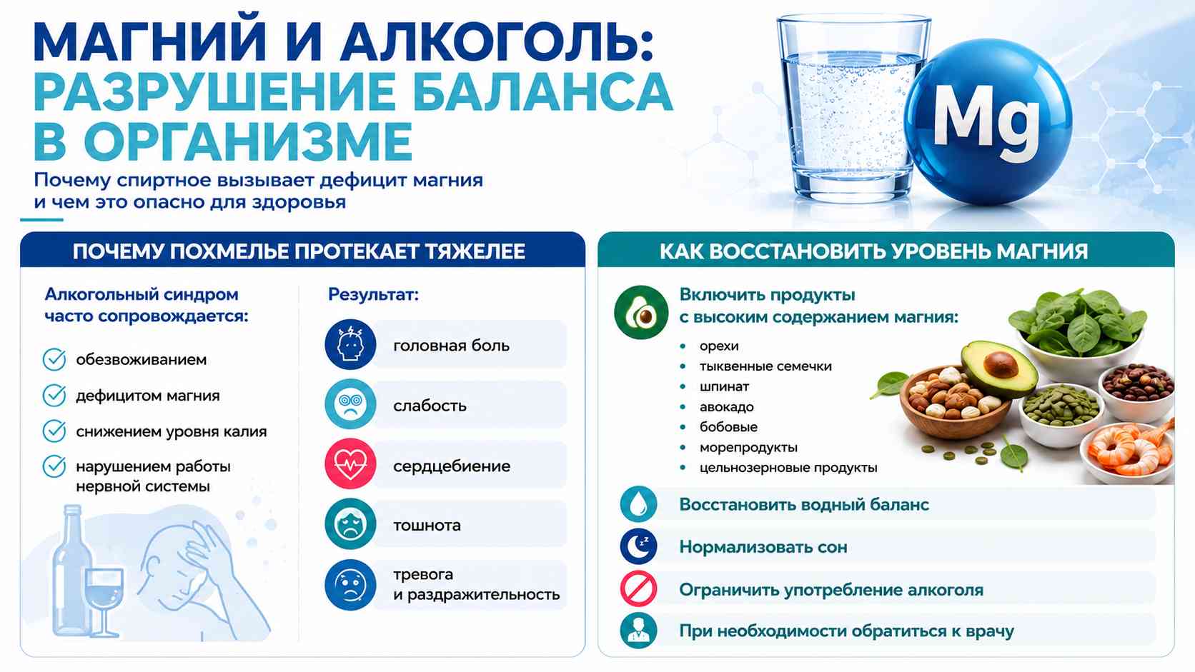 Инфографика о магнии и алкоголе и разрушении баланса в организме