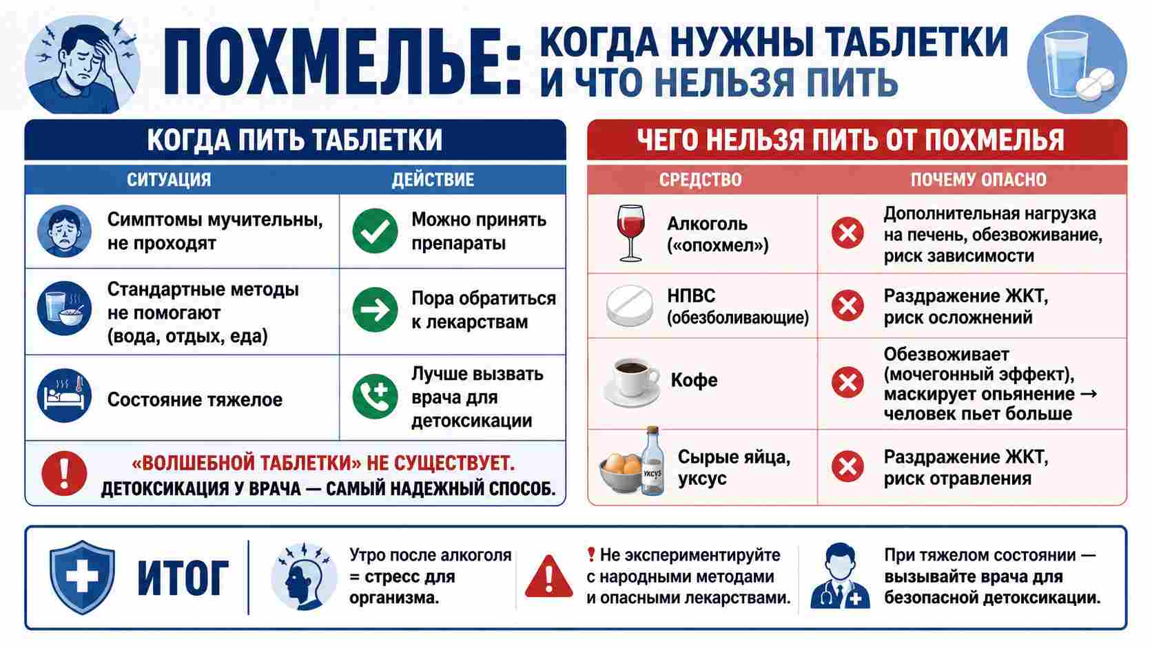 Инфографика о том, когда при похмелье нужны таблетки и что нельзя пить