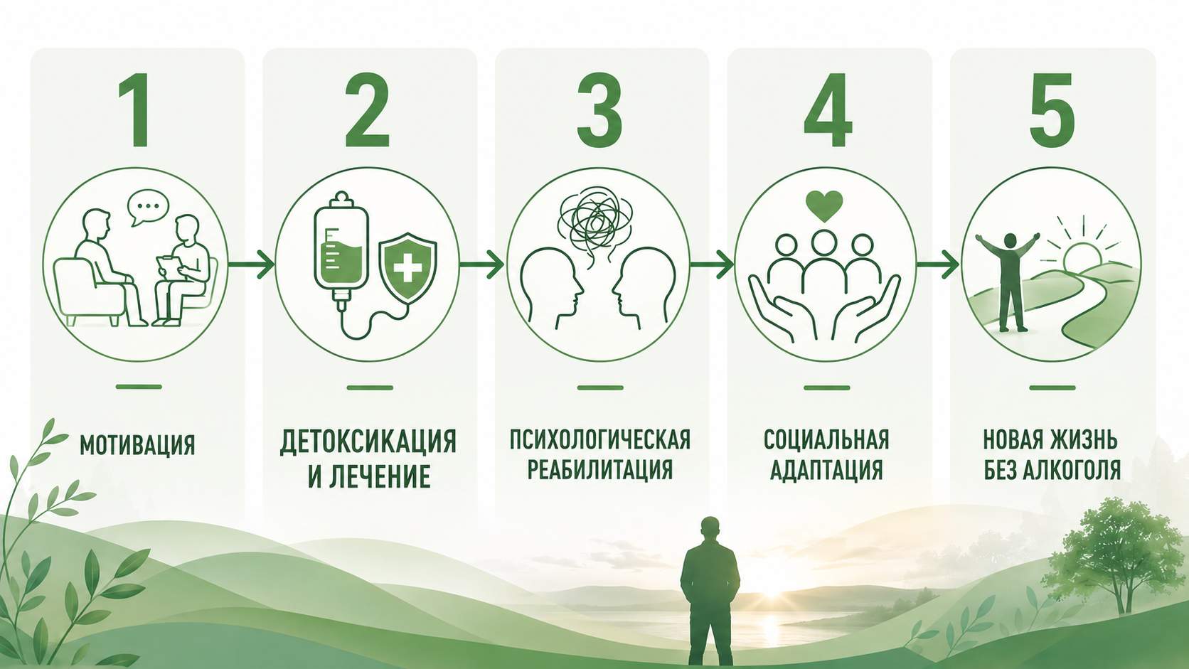 Пять этапов программы лечения алкогольной зависимости: мотивационная беседа, детоксикация и медикаментозная терапия, психологическая реабилитация, социальная адаптация и жизнь без алкоголя.