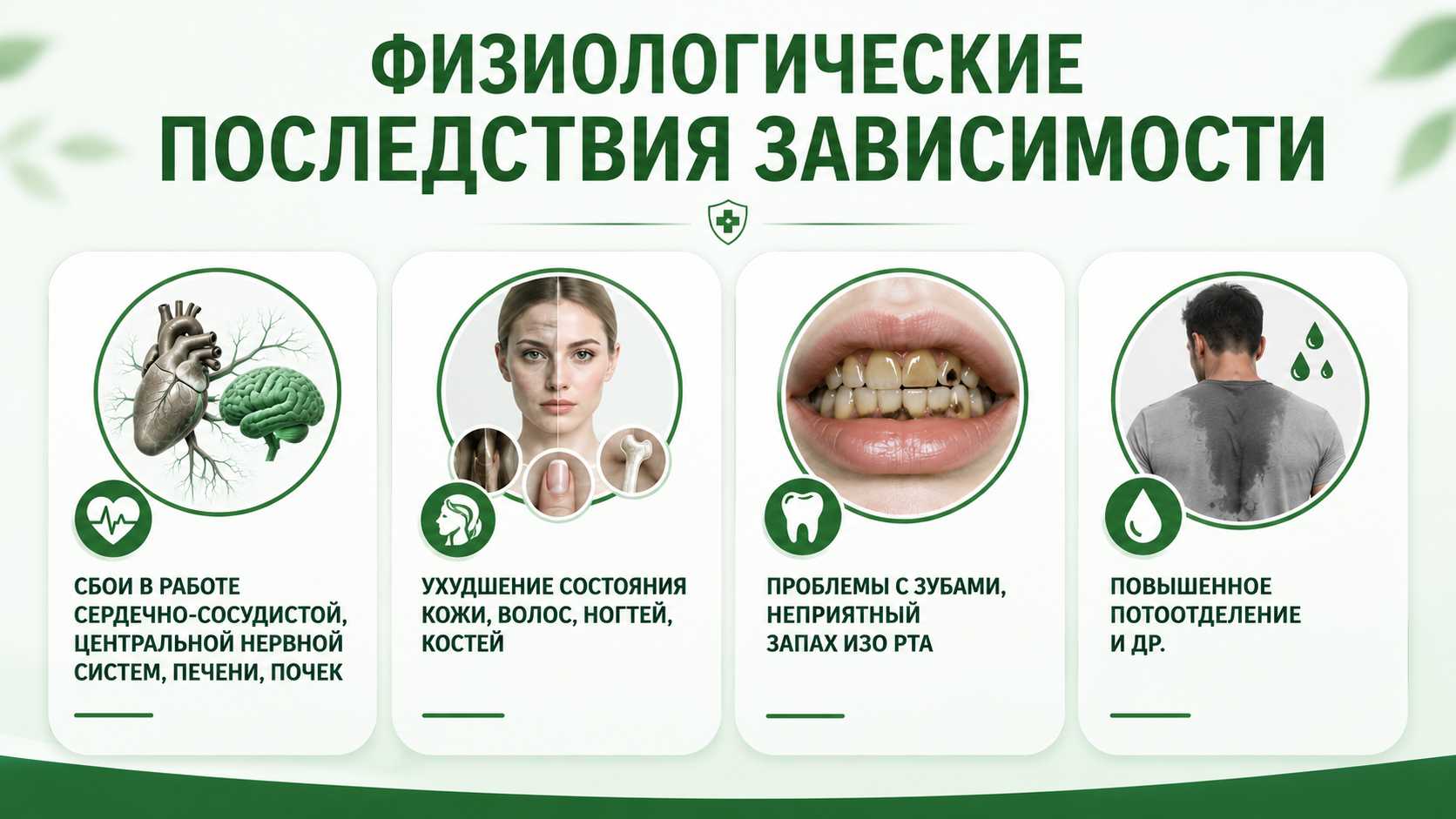 Инфографика о физиологических последствиях зависимости: нарушения работы сердечно-сосудистой и центральной нервной систем, печени и почек, ухудшение состояния кожи, волос, ногтей и костей, проблемы с зубами и неприятный запах изо рта, повышенное потоотделение.