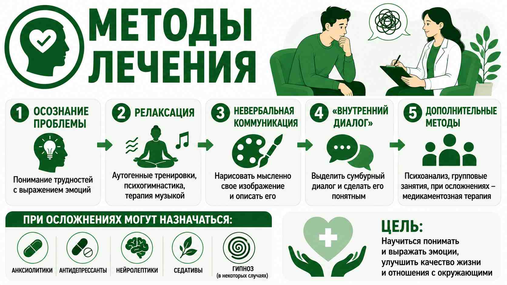 Инфографика о лечении алекситимии с основными этапами психокоррекции: осознание проблемы, релаксация, развитие невербальной коммуникации, работа с внутренним диалогом, дополнительные психотерапевтические методы, а также возможное применение медикаментов и гипноза.