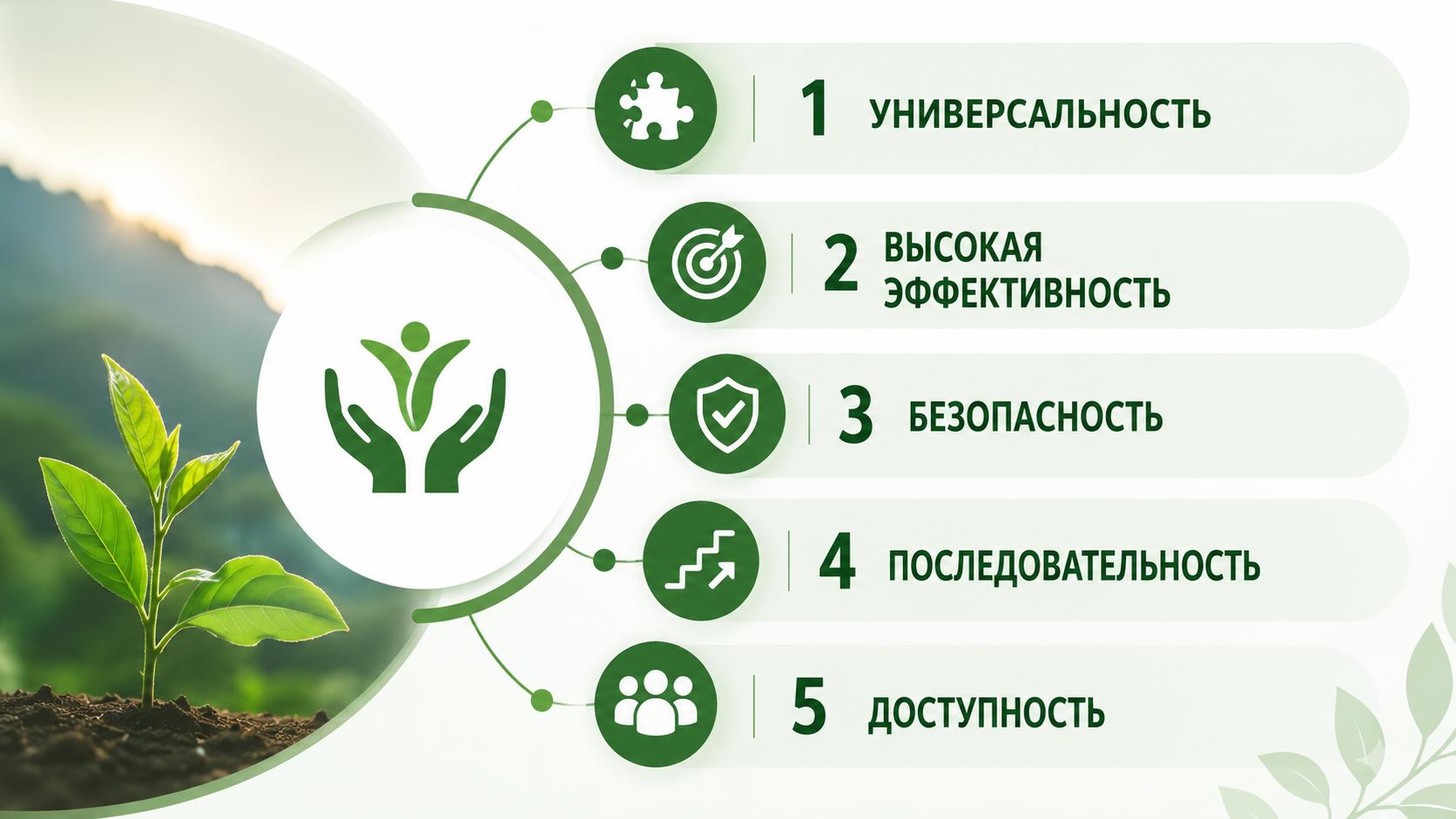 Инфографика с преимуществами программы реабилитации «12 шагов»: универсальность, высокая эффективность, безопасность, последовательность и доступность.