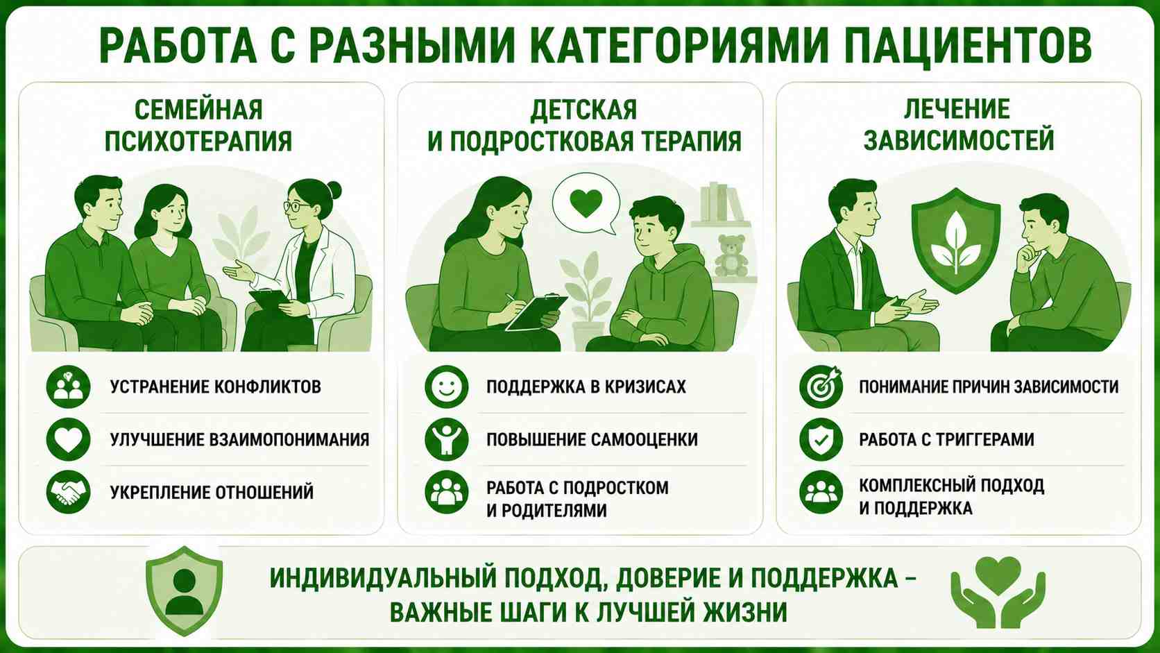Схема работы психотерапевта с разными категориями пациентов: семейная терапия, помощь подросткам и лечение зависимостей с индивидуальным подходом.