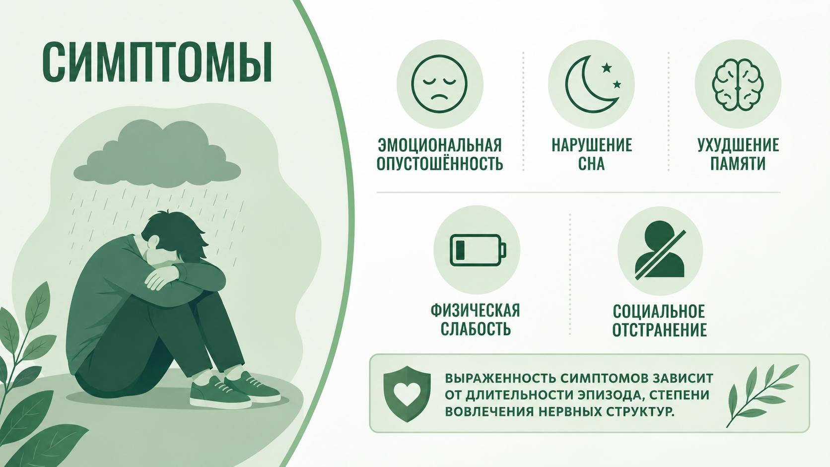 Инфографика с основными симптомами рекуррентной скоротечной депрессии: эмоциональная опустошённость, нарушение сна, ухудшение памяти, физическая слабость и социальное отстранение.