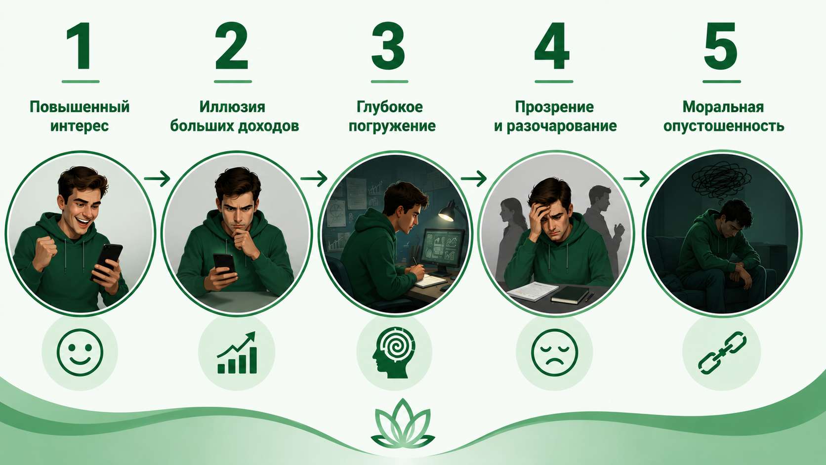 Инфографика с пятью стадиями лудомании: повышенный интерес, иллюзия доходов, глубокое погружение, разочарование и моральная опустошённость.