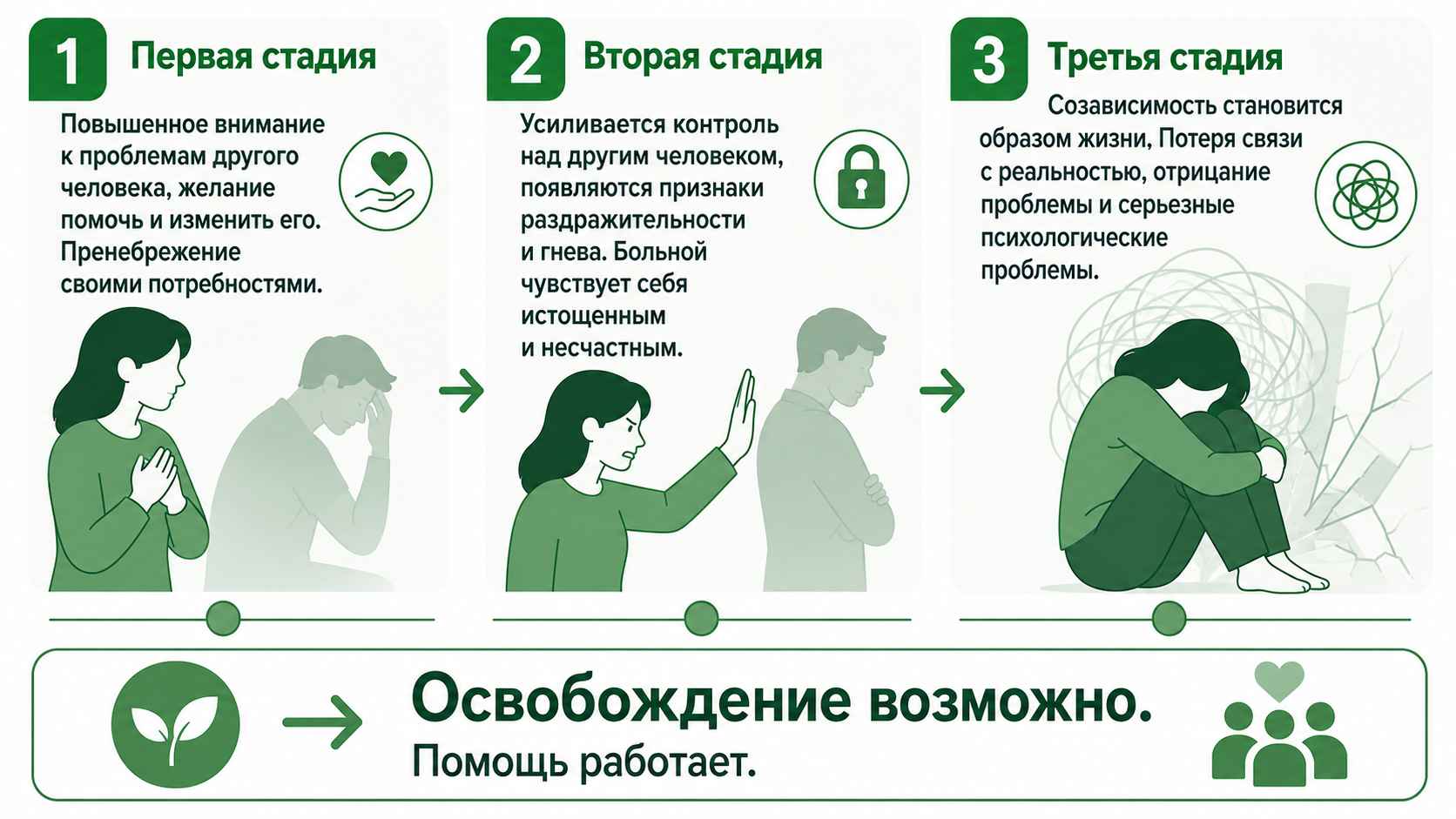Схема трех стадий созависимости: повышенное внимание к проблемам другого человека, усиление контроля и формирование созависимости как образа жизни с рекомендацией обратиться за помощью на ранних этапах.