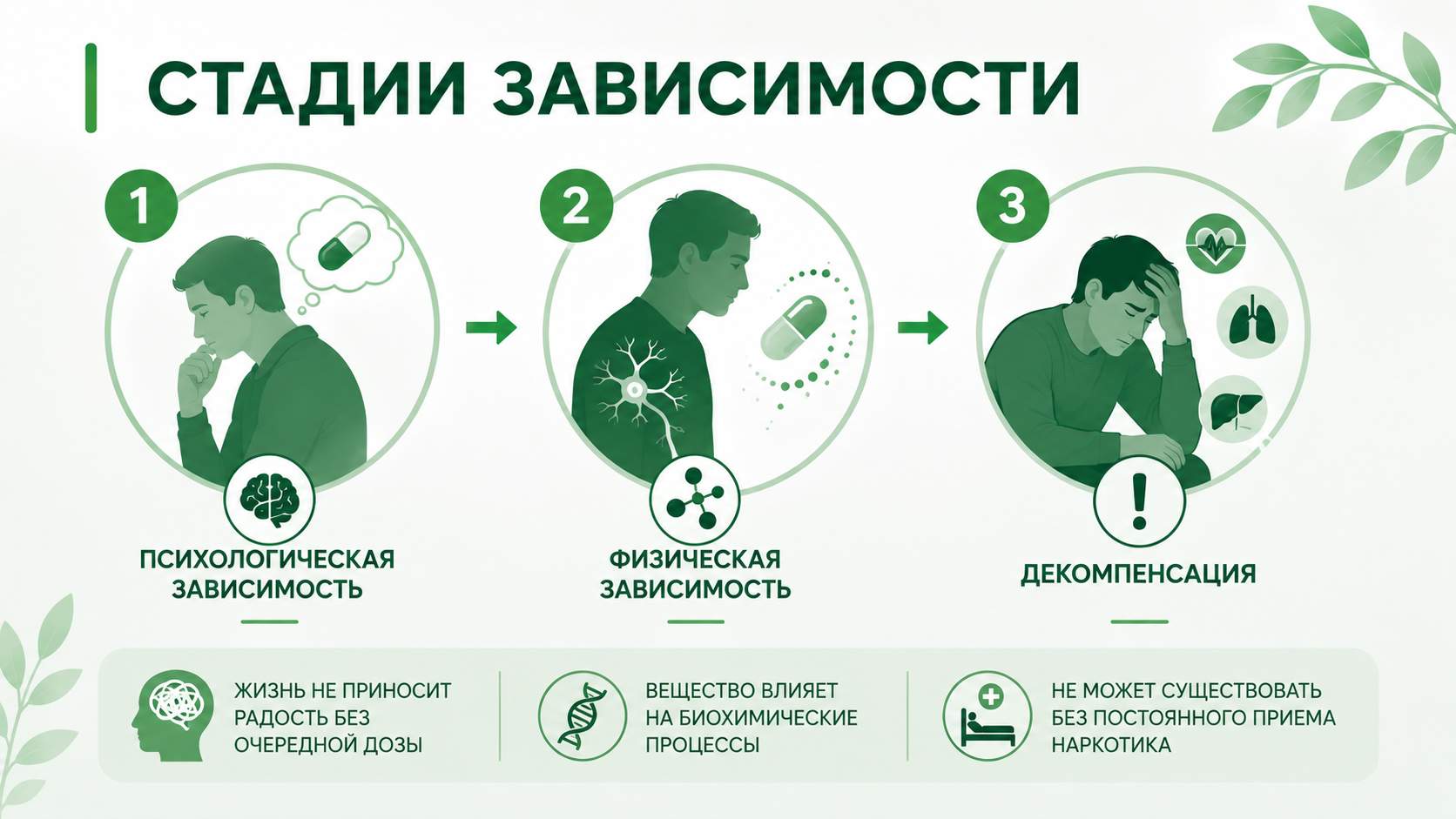 Инфографика со стадиями развития зависимости: психологическая зависимость, физическая зависимость и стадия декомпенсации с поражением внутренних органов.